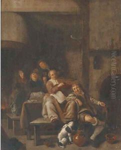 A tavern interior with a peasant woman playing the violin and other peasants singing by Jan Miense Molenaer
