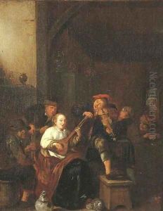 A tavern interior with a woman playing the lute, a man playing the fiddle, and boors drinking and smoking