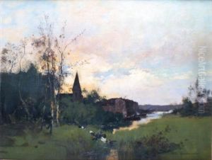 Village Pres Du Cours D'eau by Eugene Galien-Laloue