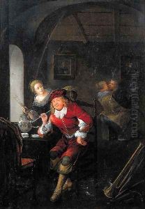 An officer smoking a pipe seated by a table in a brothel