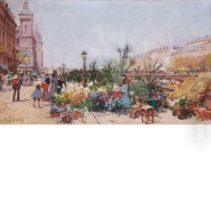 Marche Aux Fleurs Et La Conciergerie by Eugene Galien-Laloue