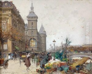 Marche Aux Fleurs Et La Conciergerie by Eugene Galien-Laloue