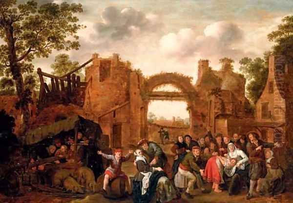 Villagers merrymaking and playing La main chaude amongst ruins - view 1