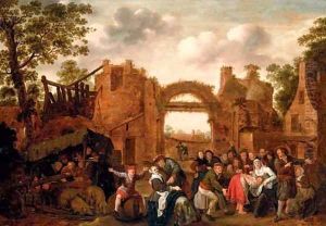 Villagers merrymaking and playing La main chaude amongst ruins