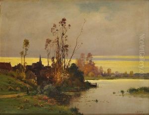 Village En Bord De Riviere by Eugene Galien-Laloue