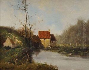 Paysage A La Riviere Et Ala Barque by Eugene Galien-Laloue