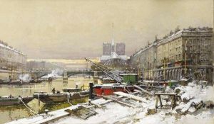 La Seine A Paris Sous La Neige by Eugene Galien-Laloue