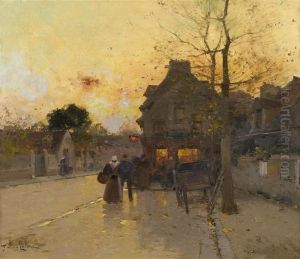 Village Street In An Autumn Evening. by Eugene Galien-Laloue