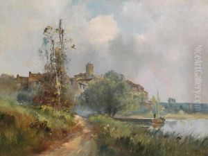 Idyllic River Landscape With Angler by Eugene Galien-Laloue