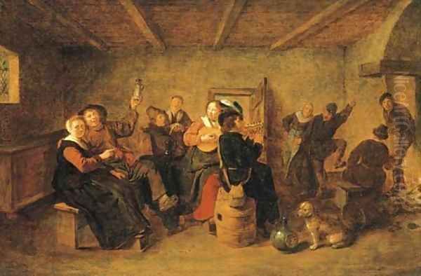 Peasants drinking and making music in a tavern - view 1