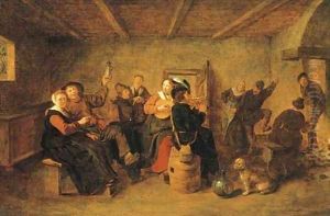 Peasants drinking and making music in a tavern by Jan Miense Molenaer