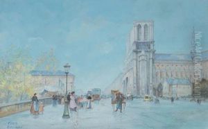 Marche Aux Fleurs Devant Notre-dame De Paris by Eugene Galien-Laloue