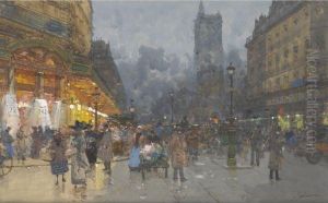Paris, Rue De Rivoli, Avec La Tour Saint Jacques by Eugene Galien-Laloue