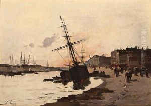 Ships In A Harbor by Eugene Galien-Laloue