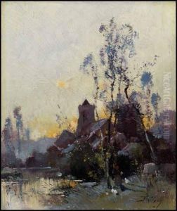 Village At Sunset by Eugene Galien-Laloue