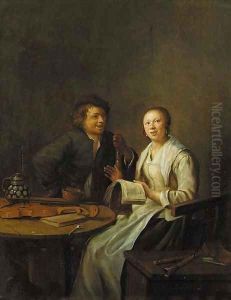 A couple making music in an interior A couple making music in an interior