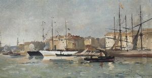 Boats In A French Port by Eugene Galien-Laloue
