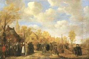 A village landscape with crowds gathering around quack doctors by Jan Miense Molenaer