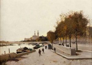 Bord De Seine Anime by Eugene Galien-Laloue