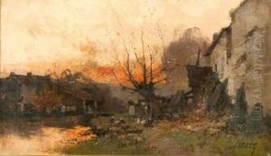 La Basse-cour Au Soleil Couchant by Eugene Galien-Laloue