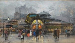 Les Halles, Paris by Eugene Galien-Laloue