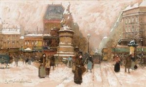 Winter Street Scene - Paris by Eugene Galien-Laloue
