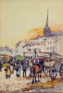 Parisian Market Scene by Eugene Galien-Laloue