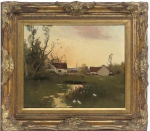 Cottages At Sunset by Eugene Galien-Laloue