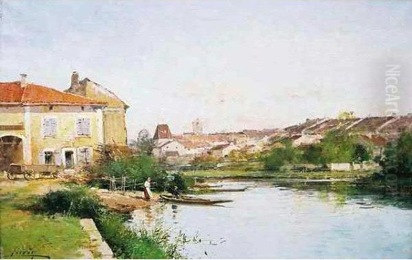 Pecheurs Enbarque Et Paysannes Au Bord De La Riviere Aux Abords Du Village - view 1