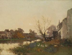 Rural European Townscape With River. by Eugene Galien-Laloue