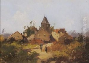 Fermieres Aux Abords D'un Village by Eugene Galien-Laloue