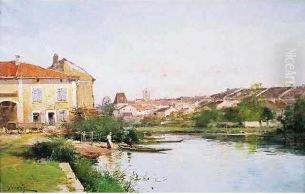 Pecheurs En Barque Et Paysannes Au Bord De La Riviere - view 1