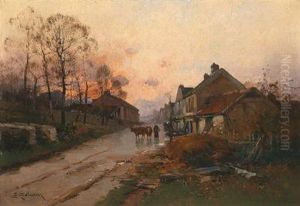 French Village Street At Sunset