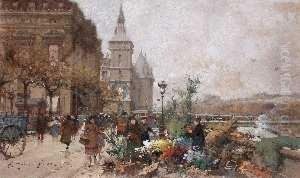 Marche Aux Fleurs by Eugene Galien-Laloue