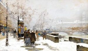 Paris, Les Quais Sous La Neige by Eugene Galien-Laloue