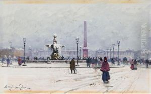 La Place De La Concorde Sous La Neige A Paris by Eugene Galien-Laloue