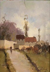 Paysanne En Chemin Panneau by Eugene Galien-Laloue