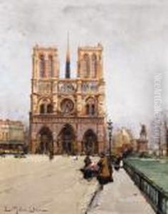 Flower Sellers At Notre Dame, Paris by Eugene Galien-Laloue