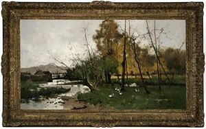 Paysage De Village En Automne by Eugene Galien-Laloue