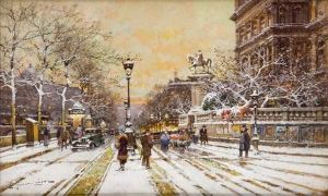 Quais De L'hotel De Ville Effet De Neige Le Soir by Eugene Galien-Laloue