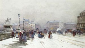Animation Sur Le Pont Neuf Sous La Neige by Eugene Galien-Laloue