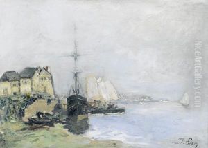 Hauser An Kustenpartie Mit Segelbooten. by Eugene Galien-Laloue