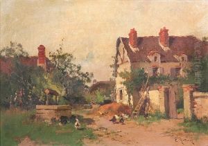 A Village Scene With Chickens By A Well