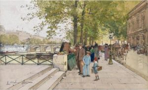 Book Vendors Along The Quais Of The Seine, Paris by Eugene Galien-Laloue