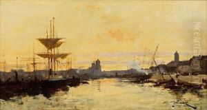 Bateaux A Quais by Eugene Galien-Laloue