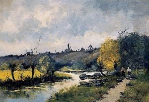 Promeneurs En Bord De Riviere by Eugene Galien-Laloue
