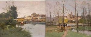 Bords Du Loing Aux Environs De Moret > Et < Bateaux Lavoirs Au Bord Du Loing by Eugene Galien-Laloue