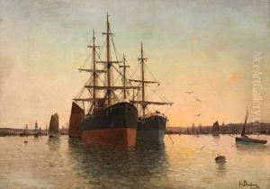 Navires Dans Un Port. by Eugene Galien-Laloue