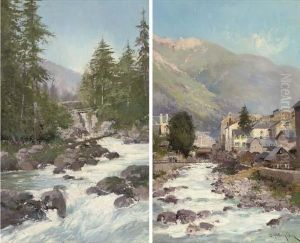 A River Running Through A Mountain Town; And A Mountain Torrent by Eugene Galien-Laloue