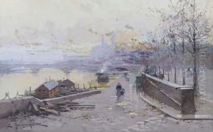 Sur Les Quais; Rue Chargee by Eugene Galien-Laloue